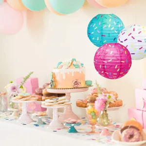 Colorful hanging paper lanterns donut sprinkle design for kids birthday party decoration decor.