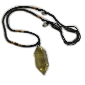 Natural yellow crystal double terminated pendant gemstone necklace with black woven cord.