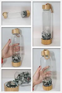 Glas Kristall Wasserflasche Details, Mehrwinkel Ansicht mit Bambusdeckel und Steinkammer.