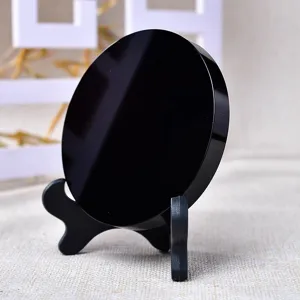 Black Obsidian Round Plate Mirror Feng Shui Ornament Polished Scrying Mirror With Tripod Stand For Home Living Room Decor