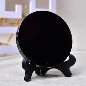 Black obsidian scrying mirror disc feng shui ornament with stand for home decor display