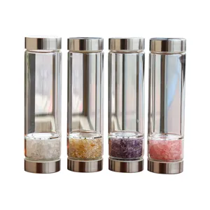 Natürliche Kristall Energie Glaswasserflasche Heilung Schotter Rosenquarz Amethyst Edelstahl Infusor Glasflasche Reinigung Edelsteinflasche