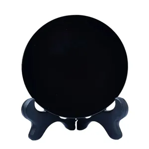 Black obsidian round disc mirror feng shui display decor piece with stand for home.