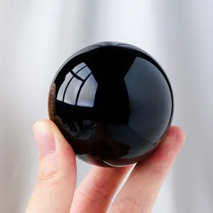 Natural Black Obsidian Crystal Ball Sphere Polished Stone Feng Shui Energy Ball Home Decor Ornament With Wooden Stand Base