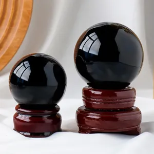 Natural Polished Black Obsidian Crystal Ball Ornament Set with Wooden Base Feng Shui Decor