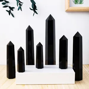 Natural black obsidian crystal pillar hexagonal wand for home decor and healing