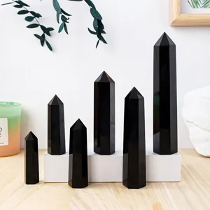 Black obsidian crystal tower point natural polished energy stone home decor gemstone set
