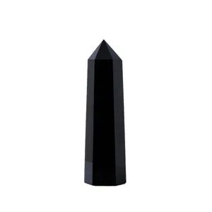 Natural black obsidian crystal tower, polished hexagonal pillar point for home decor and healing.