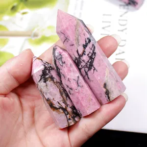 Natural Rhodonite Crystal Pillar Hexagonal Point Energy Stone Rhodonite Polished Crystal Wand For Meditation Home Decor Spiritual Healing Gift