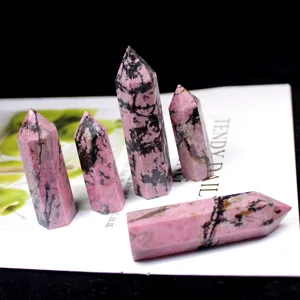 Natural rhodonite crystal wand set, six-sided single point healing energy stone tower decor.