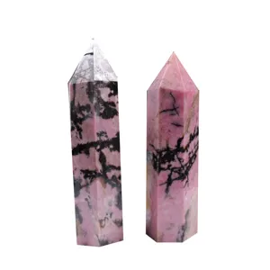 Natural Rhodonite Crystal Tower Six-Sided Single Point Energy Stone Healing Decor