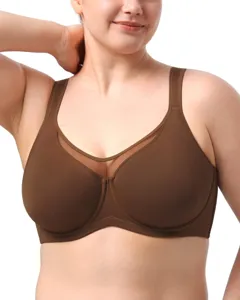 Plus size brown unlined underwire bra close-up showcasing thin mesh details and support.