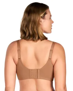 Back detail of a plus size smooth nude bra with adjustable straps and multi hook closure.