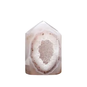 Natural Agate Geode Hexagonal Single Point Obelisk Ornament Polished Healing Crystal Quartz Desktop Decoration Specimen Home Decor Gift