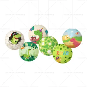 Detailed view of dinosaur paper lanterns, perfect for jungle theme birthday party decor.