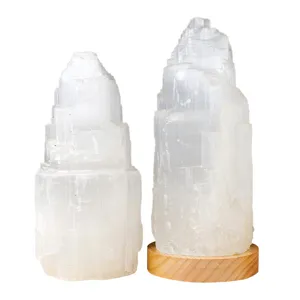 Natürlicher Selenit Kristall Turm Lampe Roh Weiß Mineral Stein Nachttisch Nachtlicht Deko
