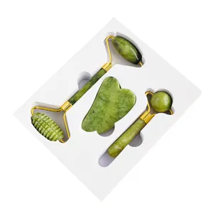 Set rullo di giada e Gua Sha strumento massaggio viso kit di bellezza in pietra.
