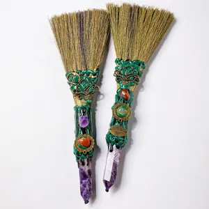 Handmade natural crystal hex prism broom Wiccan altar decoration pagan witchcraft props tool