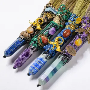 Natural crystal hexagonal pillar broom pendant Wiccan crystal stone decorative craft detail.