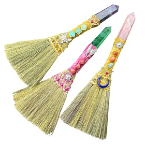 Natural crystal point magical broom ornament wiccan pagan crystal witch besom decor