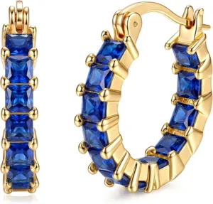 Detailed shot of gold-plated square blue cubic zirconia C-shaped hoop earrings for women chic daily.