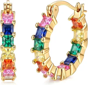 Detailed view of gold plated hoop earrings featuring colorful square cubic zirconia stones.