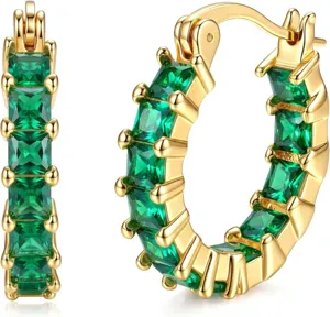 Gold plated hoop earrings with square emerald green cubic zirconia stones closeup detail view