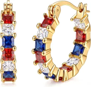 Detailed closeup of gold hoop earrings featuring multi-color square zirconia stones.