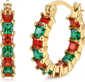 Detailed view of gold hoop earrings featuring alternating red and green cubic zirconia stones.