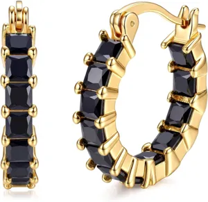 Gold-tone square black stone hoop earrings detail view showcasing delicate prong setting.