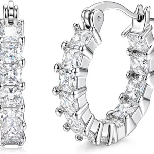 Sparkling square cubic zirconia C-shaped hoop earrings in silver tone for women daily wear