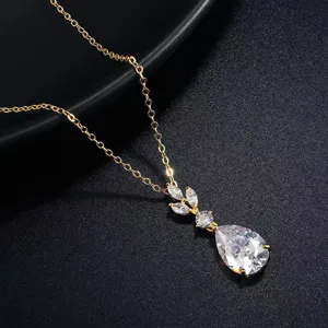 Women Brass Gold Plated Water Drop Rhinestone Pendant Necklace European American Fashion Daily Leaf Design Fine Chain Jewelry