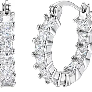 Silver C-shaped hoop earrings for women, sparkling square cubic zirconia paved minimalist jewelry.