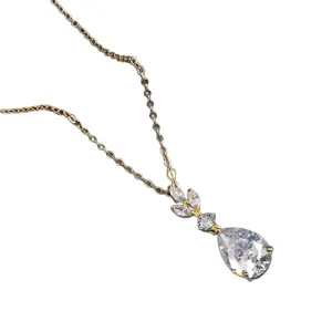 Gold plated brass pear cubic zirconia pendant necklace daily fashion elegant jewelry for women