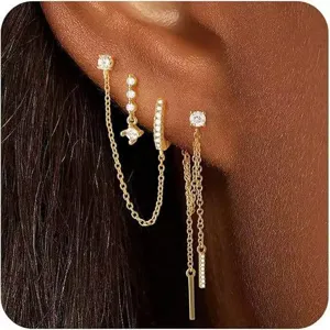 Ensemble de boucles d'oreilles chaînes dorées pour femmes, bijoux de piercing tendance en zircons.