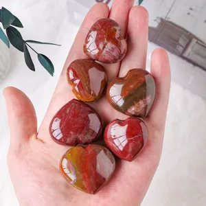 Natural Petrified Wood Crystal Heart Pendant Silicified Wood Raw Stone Healing Crystal Carved Palm Stone Home Decor Ornament