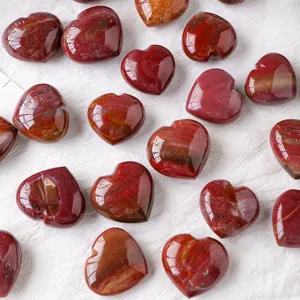 Natural Crystal Heart Petrified Wood Pocket Stone Red Jasper Healing Crystal Home Decor Display