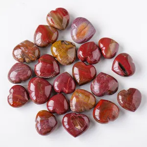 Natural petrified wood heart crystals, polished gemstone palm stones for home decor.