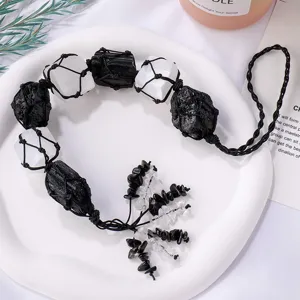 Colgante de Bolsillo de Red Tejida de Turmalina Negra y Selenita Natural con Borla de Grava de Cristal Decoración Hogar Coche