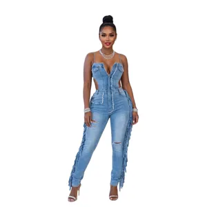 Mujer Sexy Denim Monopieza sin mangas Flecos Desgastado Romper Slim Fit Ropa de Club azul