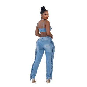 Conjunto de dos piezas de mezclilla sexy para mujer top corto con flecos y jeans de tiro alto