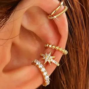 Gold plated multi-style ear cuffs set featuring sparkling zircon and stylish geometric designs.