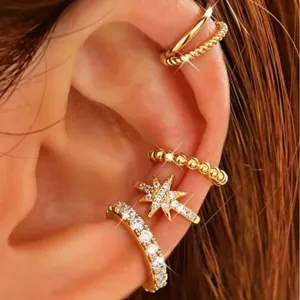 Gold plated ear cuffs set non pierced cartilage earrings minimalist daily fashion jewelry.