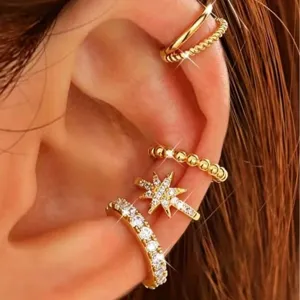 Gold ear cuffs set for women, chic non piercing clip on earrings, stylish fashion jewelry.
