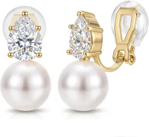 Elegant gold plated teardrop cubic zirconia and pearl clip-on earrings detailed close-up view.