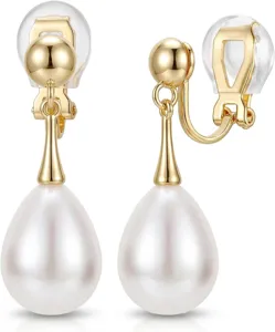 Elegant gold plated teardrop pearl clip on earrings for women, minimalist chic jewelry gift.
