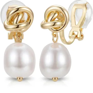 Minimalist Brass Gold Plated Knot Artificial Pearl Drop Clip Earrings For Women Niche Style Rhinestone Accents Geometric Round Loop Earrings Banquet Jewelry