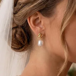 Gold plated knot baroque pearl drop earrings minimalist elegant bridal ear jewelry for women