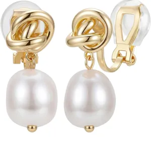 Gold plated metal knot pearl clip earrings with comfortable clear silicone cushion pads for women.