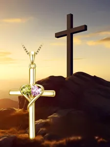 Gold cross necklace with double heart gemstones, elegant interlocked design for women daily wear.